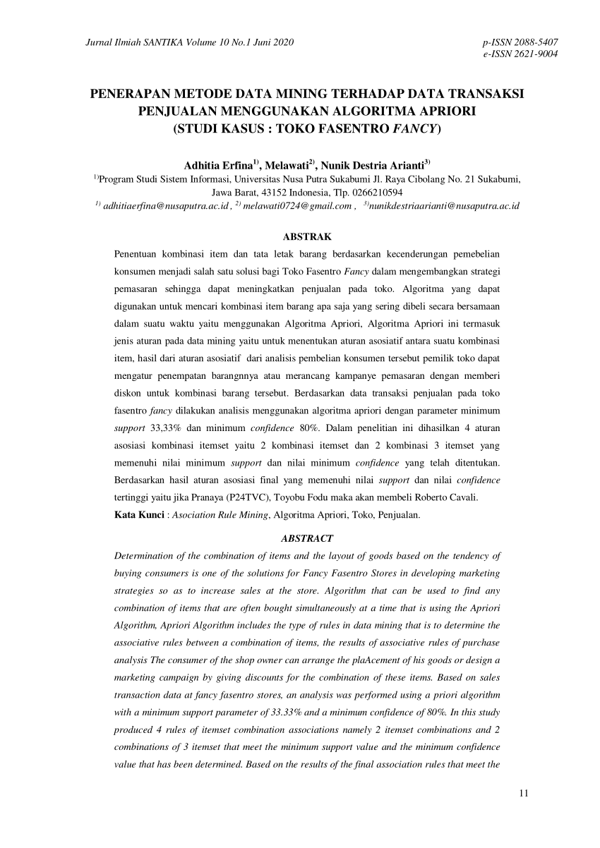 Pdf Penerapan Metode Data Mining Terhadap Data Transaksi Penjualan Menggunakan Algoritma 2463