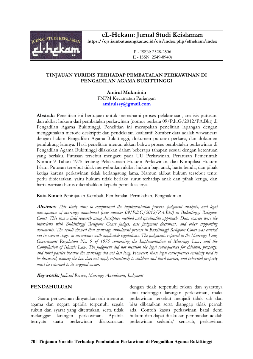 Pdf Tinjauan Yuridis Terhadap Pembatalan Perkawinan Di Pengadilan