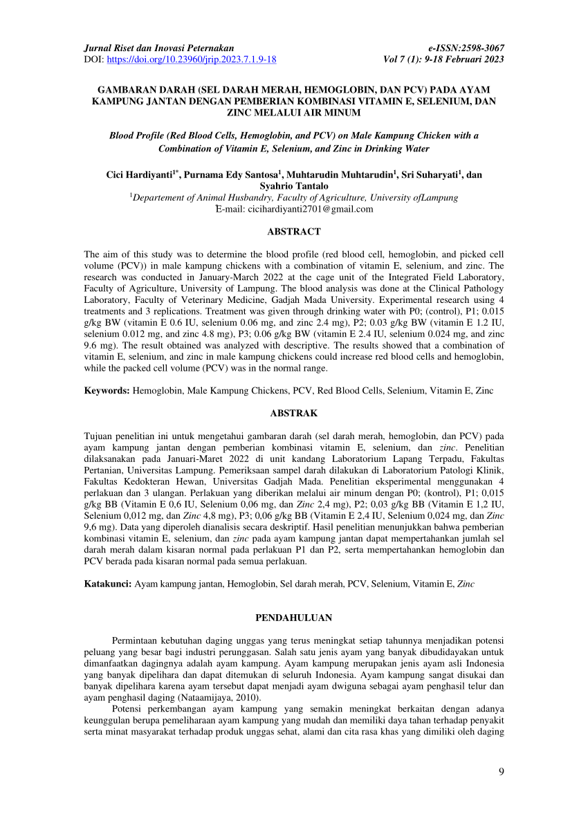 Pdf Gambaran Darah Sel Darah Merah Hemoglobin Dan Pcv Pada Ayam