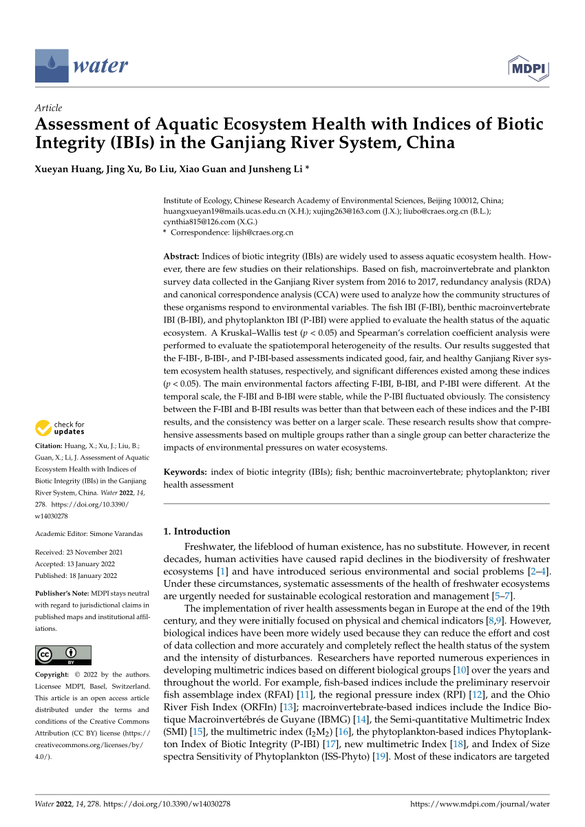 PDF) Assessment of Aquatic Ecosystem Health with Indices of Biotic 