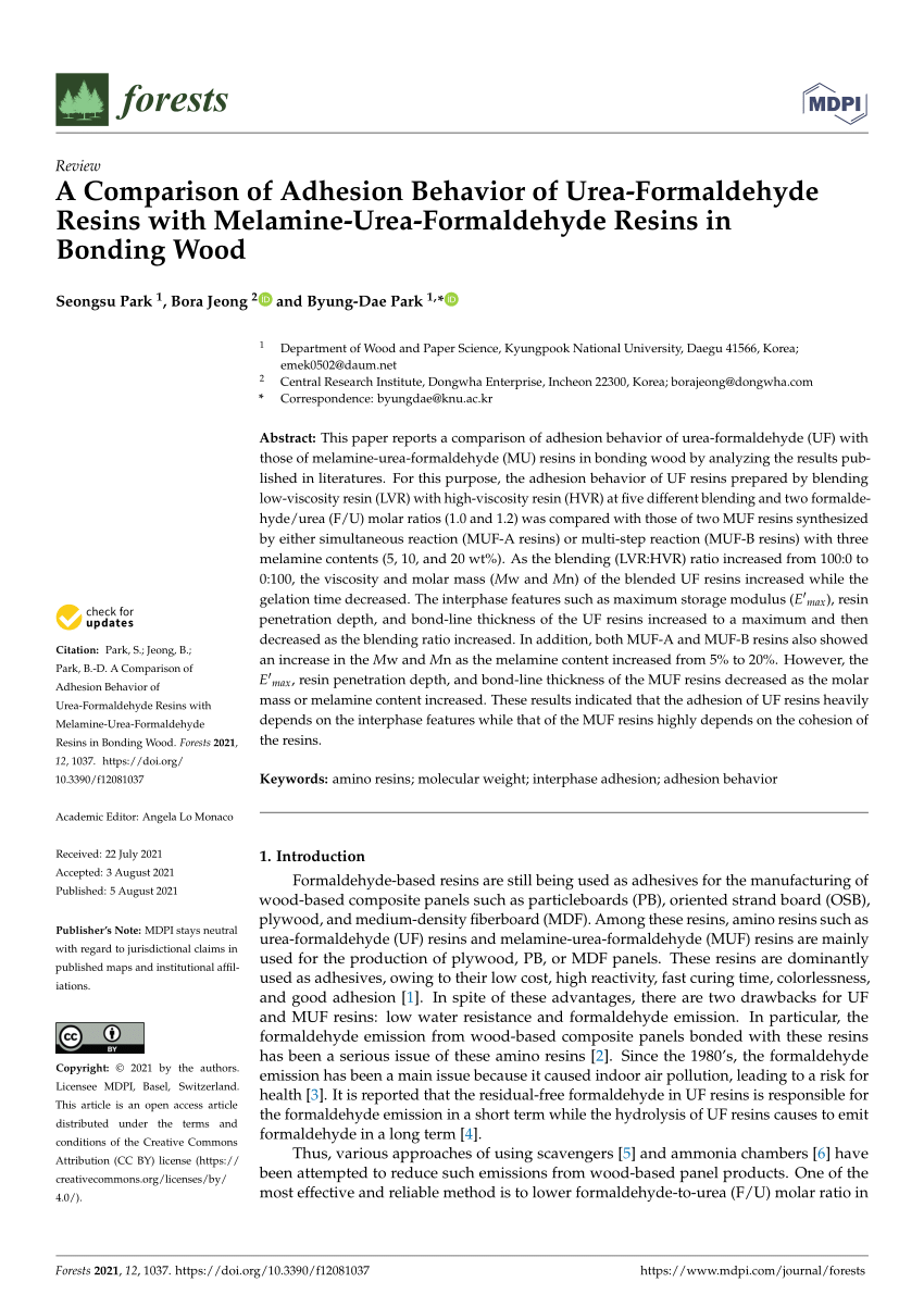 (PDF) A Comparison of Adhesion Behavior of UreaFormaldehyde Resins with MelamineUrea