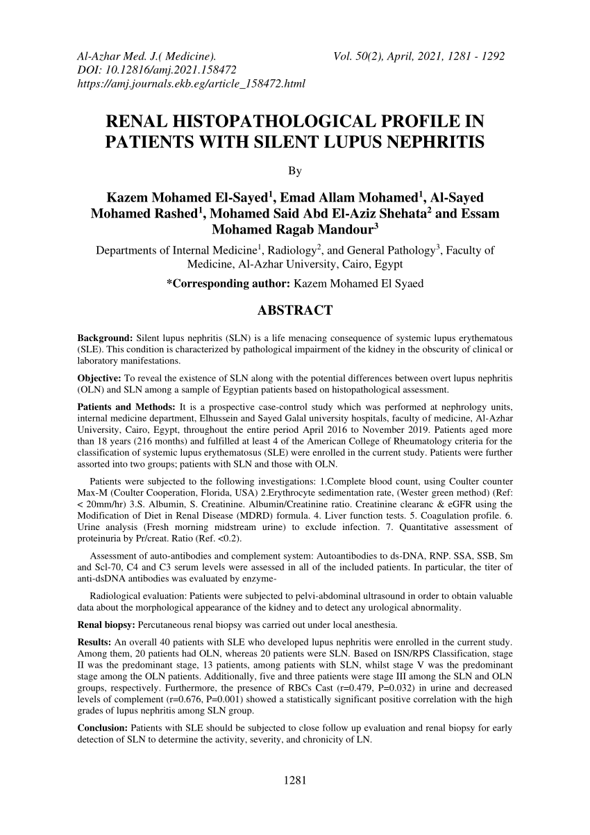 PDF RENAL HISTOPATHOLOGICAL PROFILE IN PATIENTS WITH SILENT LUPUS NEPHRITIS