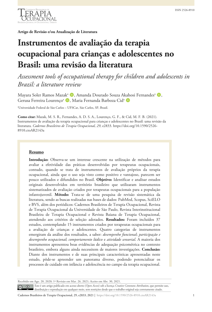 PDF Instrumentos de avaliação da terapia ocupacional para crianças e adolescentes no Brasil