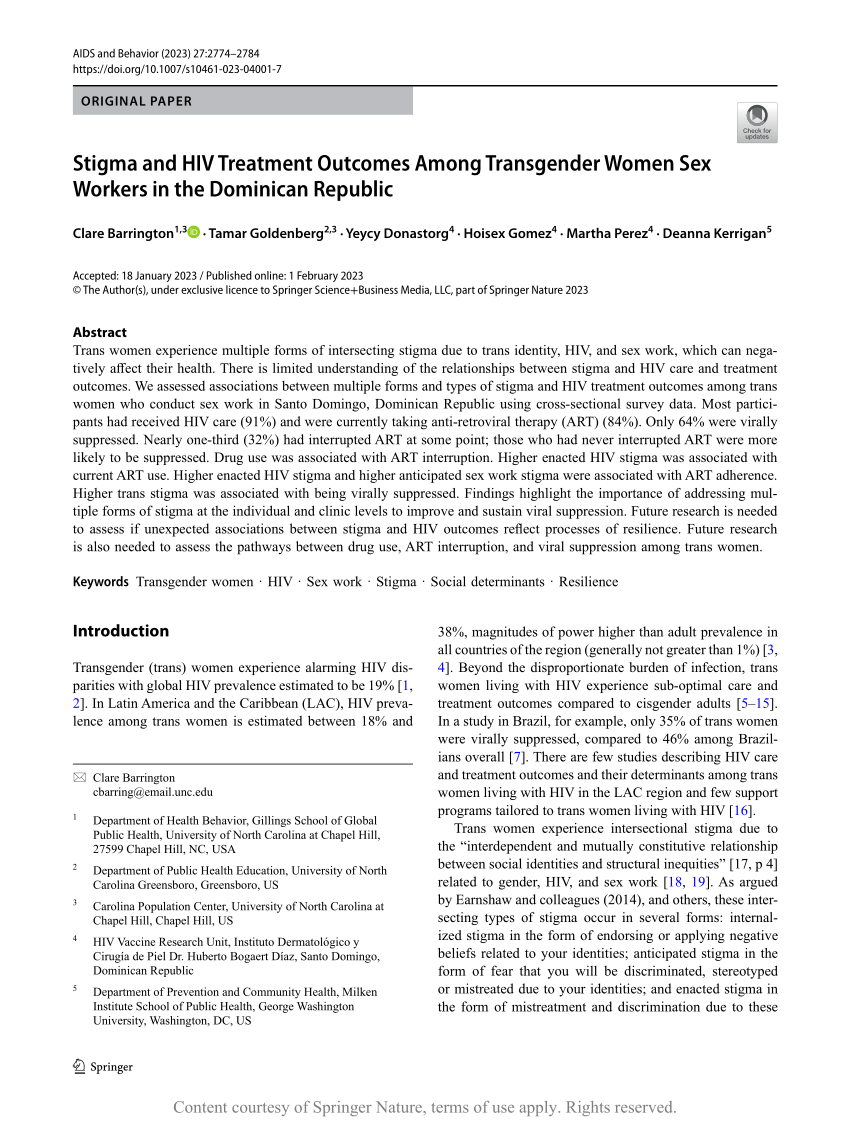 Stigma And Hiv Treatment Outcomes Among Transgender Women Sex Workers In The Dominican Republic 5493