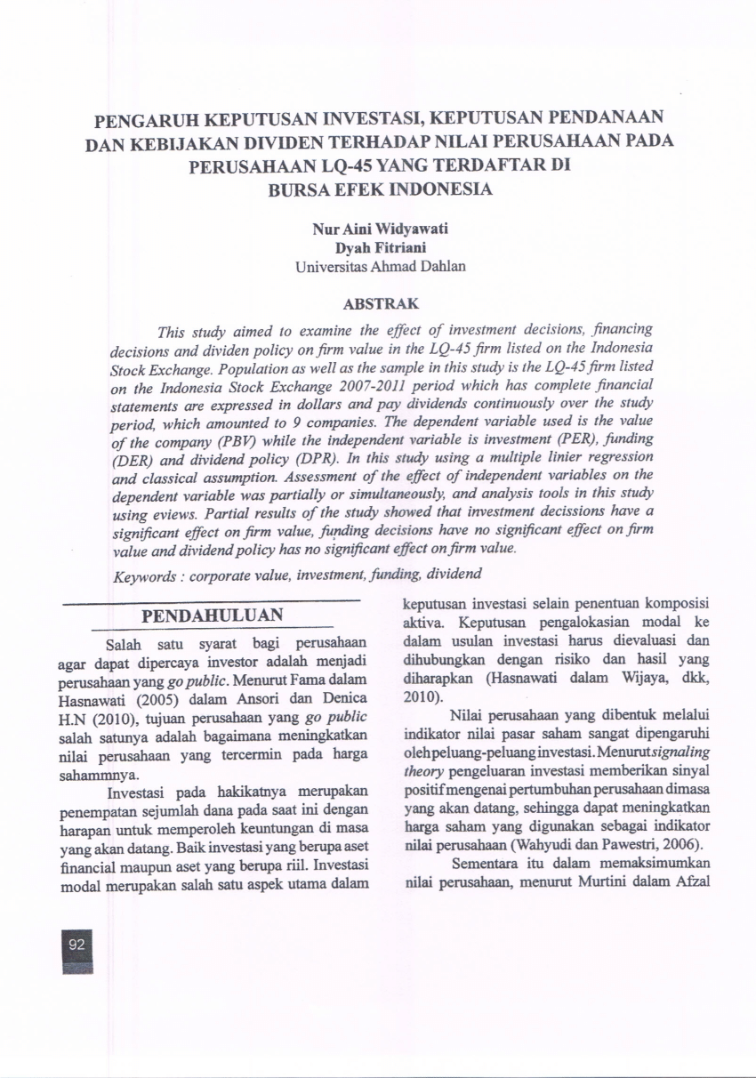 Pdf Pengaruh Keputusan Investasi Keputusan Pendanaan Dan Kebijakan Dividen Terhadap Nilai 5060
