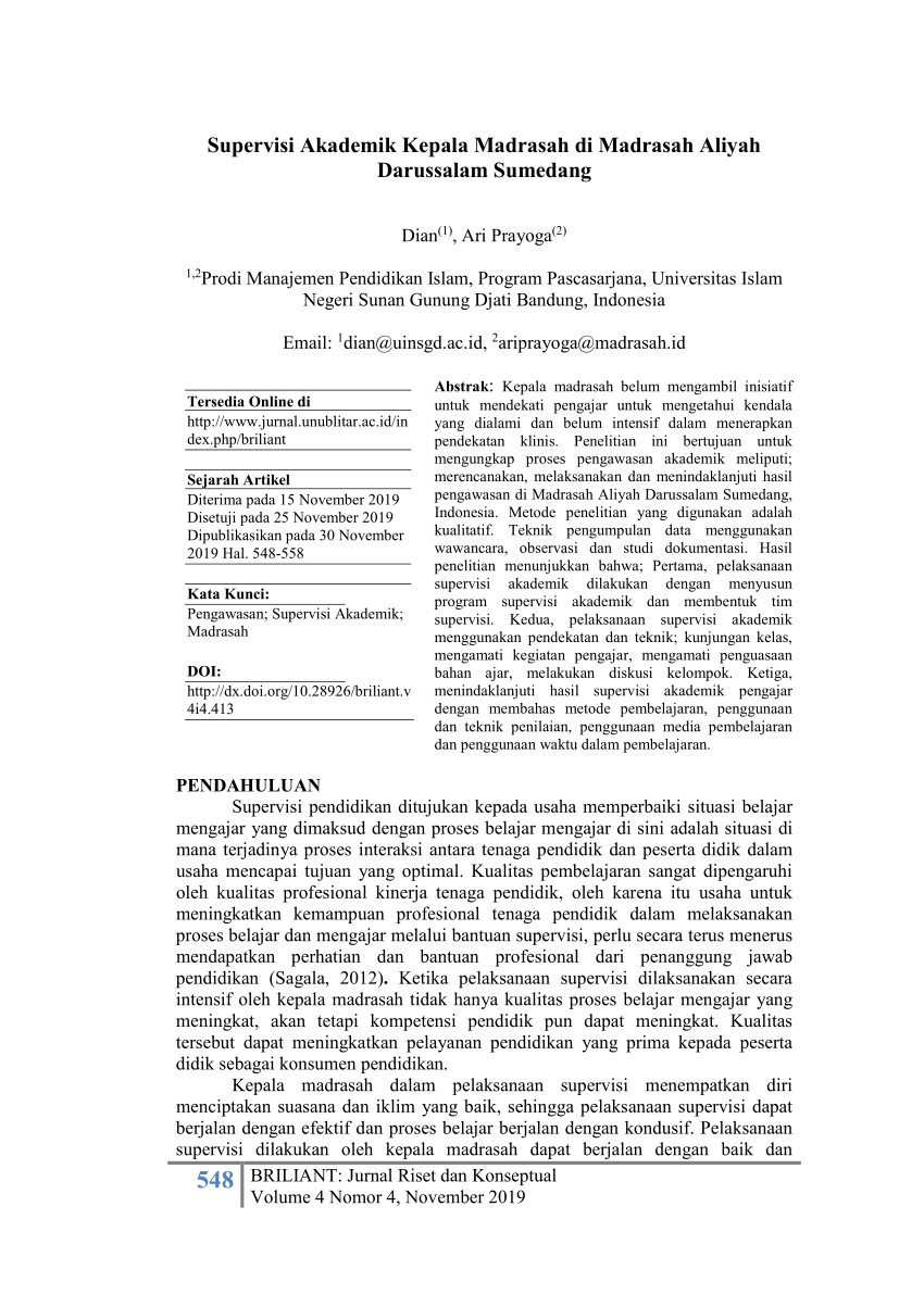 Pdf Supervisi Akademik Kepala Madrasah Di Madrasah Aliyah Darussalam Sumedang 