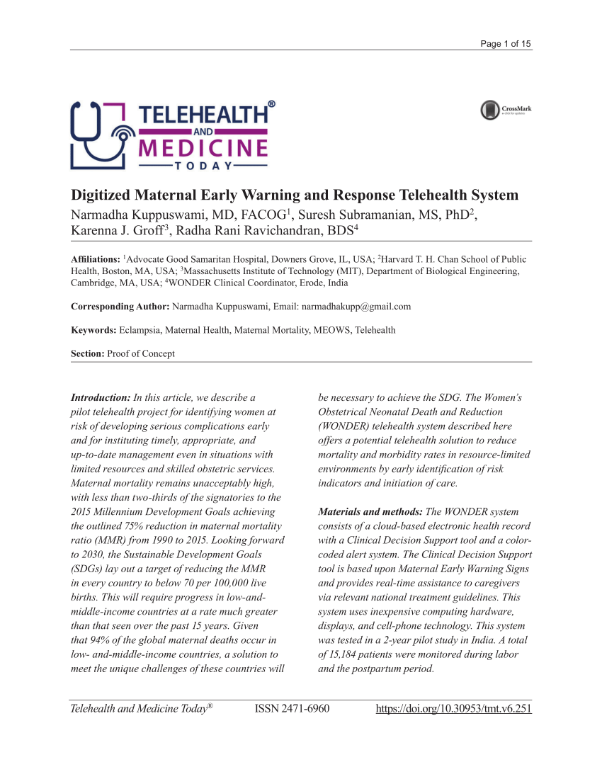 Pdf Digitized Maternal Early Warning And Response Telehealth System 4356