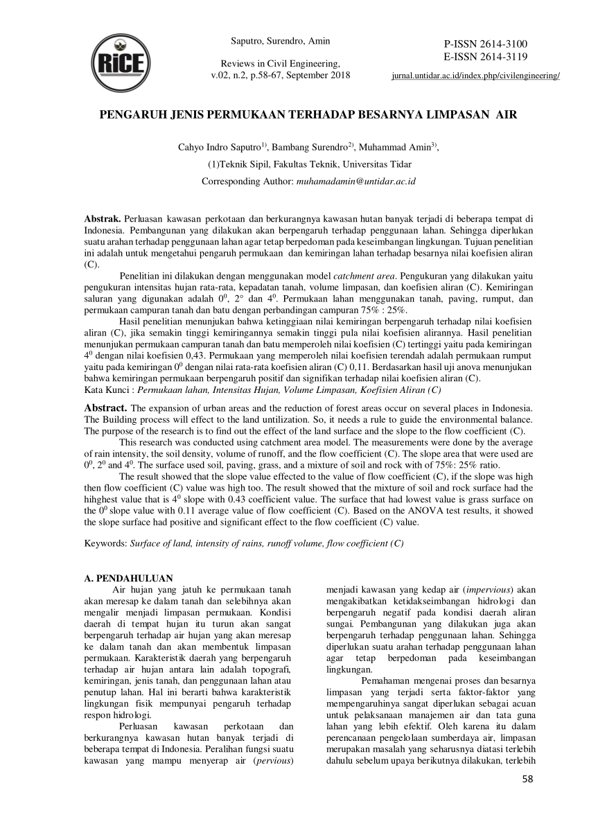 Pdf Pengaruh Jenis Permukaan Terhadap Besarnya Limpasan Air