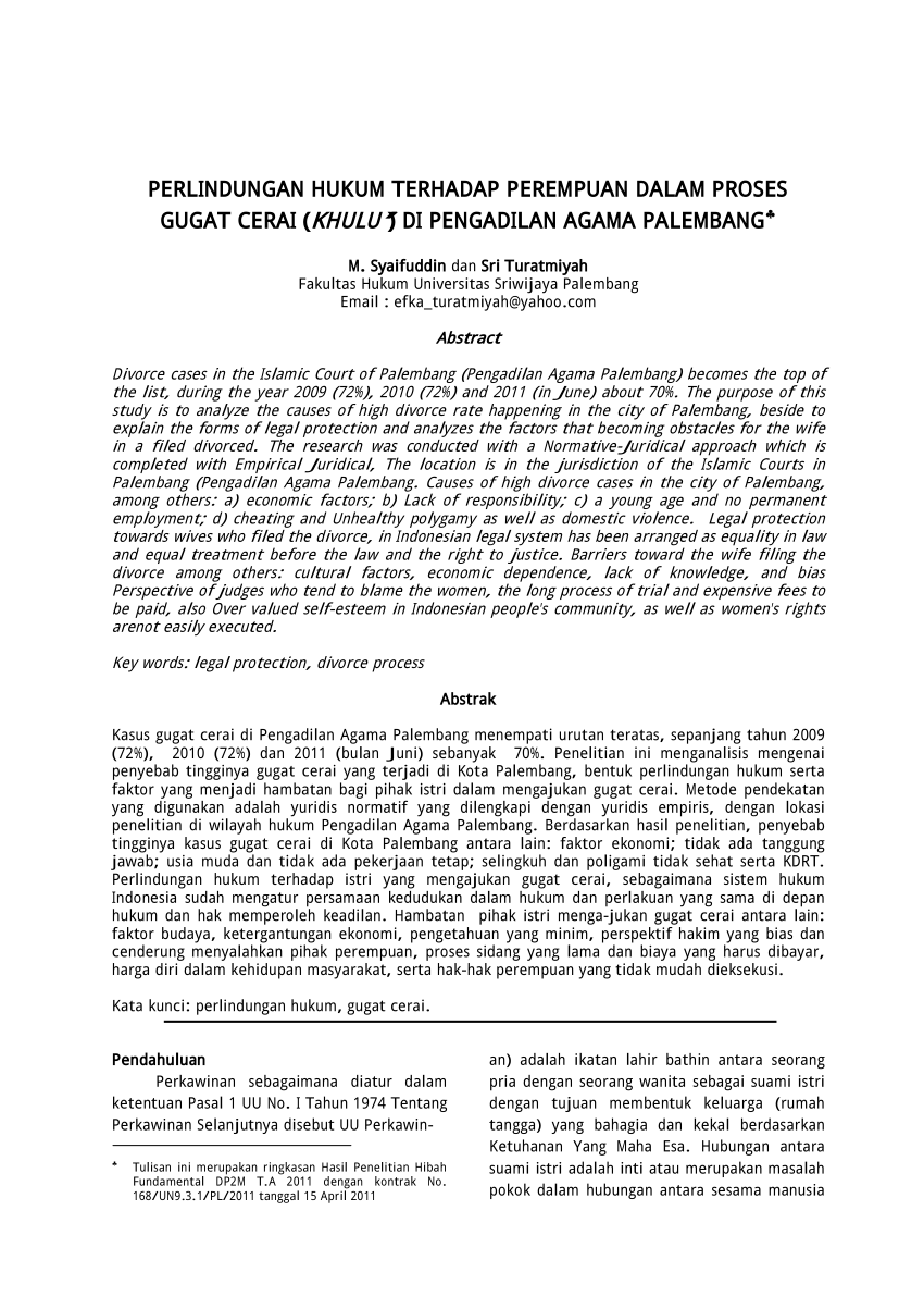 Pdf Perlindungan Hukum Terhadap Perempuan Dalam Proses Gugat Cerai Khulu Di Pengadilan 