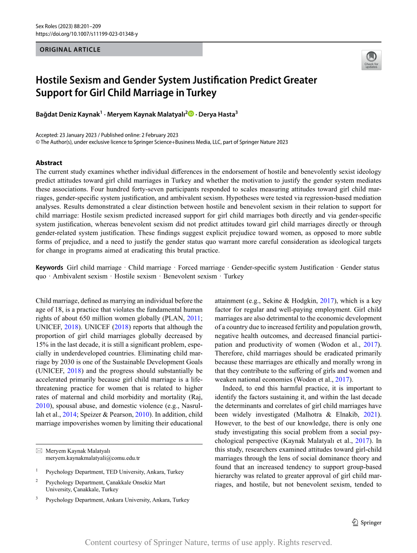 Hostile Sexism and Gender System Justification Predict Greater Support for  Girl Child Marriage in Turkey | Request PDF