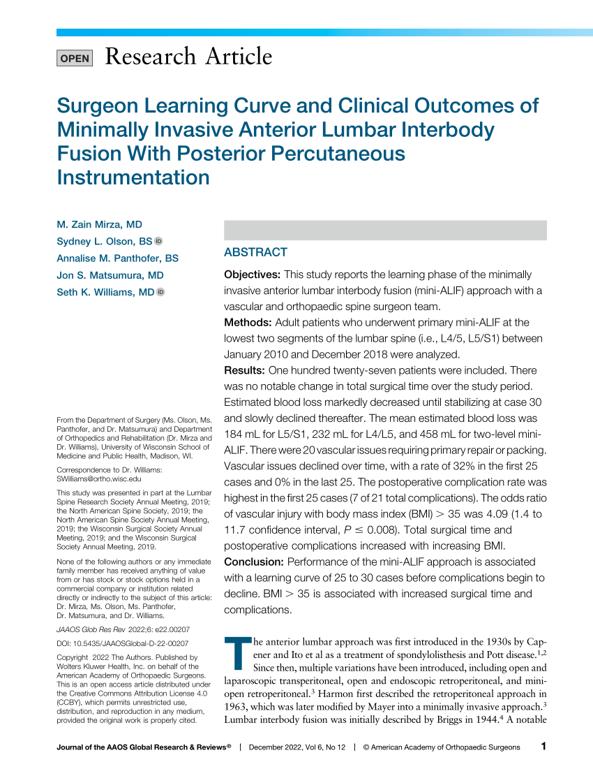 Pdf Surgeon Learning Curve And Clinical Outcomes Of Minimally Invasive Anterior Lumbar 0810