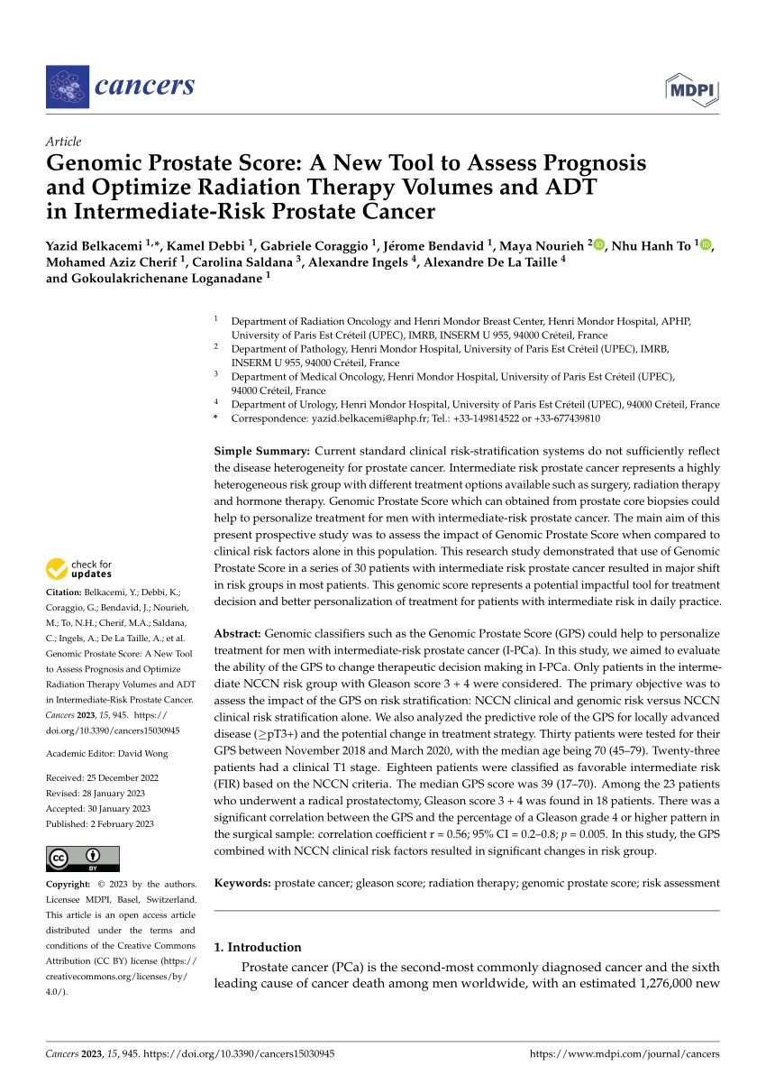 Pdf Genomic Prostate Score A New Tool To Assess Prognosis And Optimize Radiation Therapy 2429