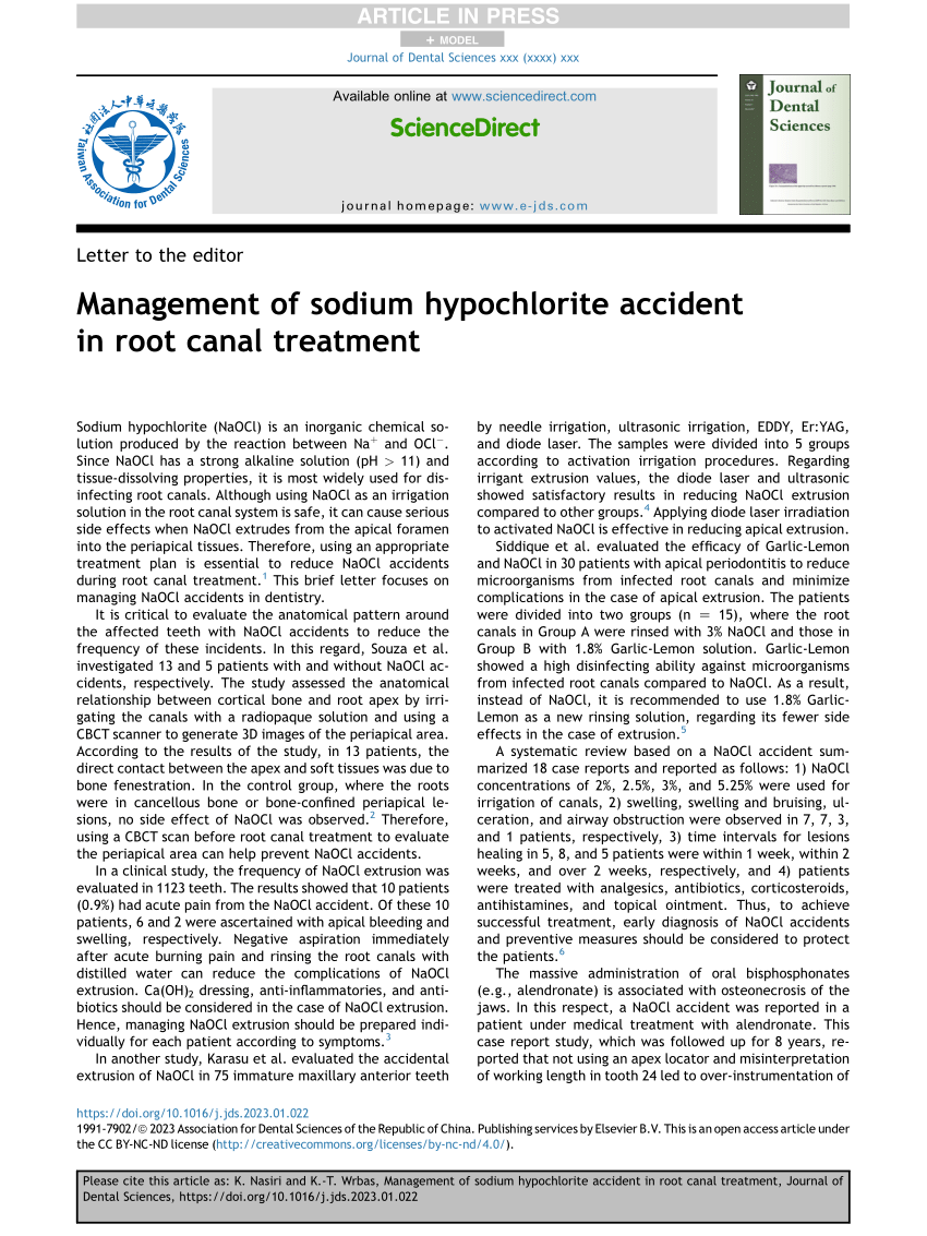 (PDF) Management of sodium hypochlorite accident in root canal treatment