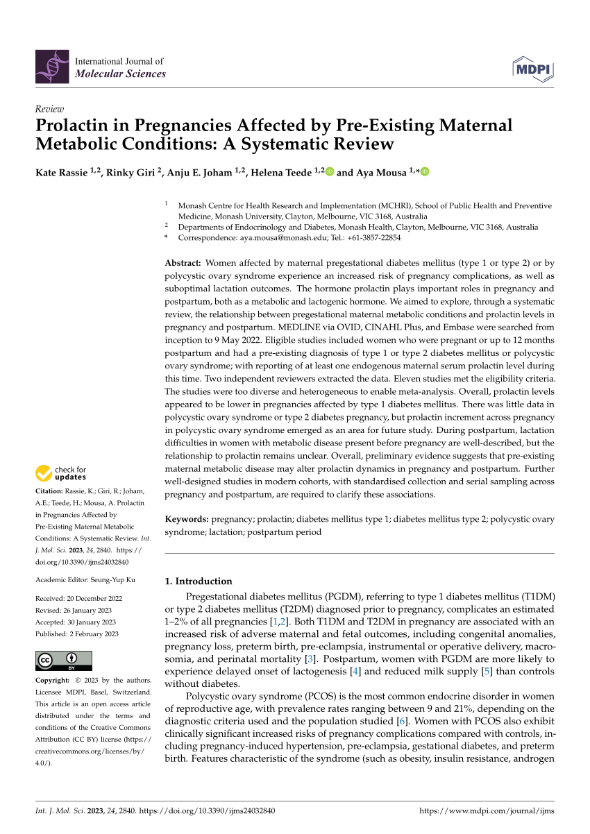 Pdf Prolactin In Pregnancies Affected By Pre Existing Maternal Metabolic Conditions A 8814