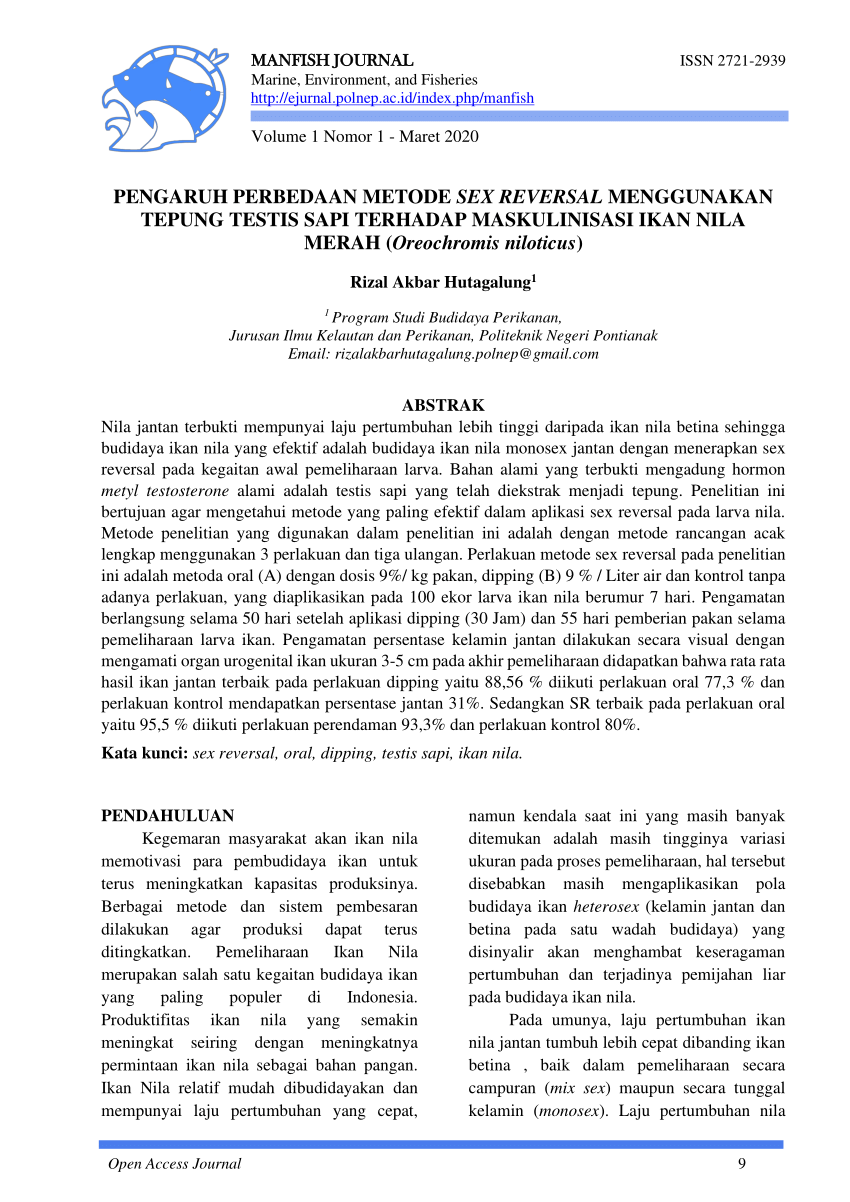 Pdf Pengaruh Perbedaan Metode Sex Reversal Menggunakan Tepung Testis