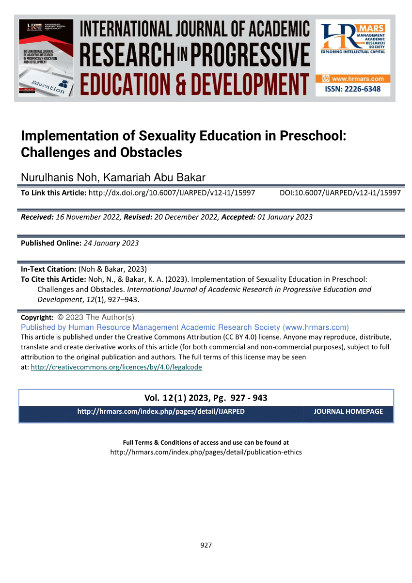 PDF) Implementation of Sexuality Education in Preschool: Challenges and  Obstacles