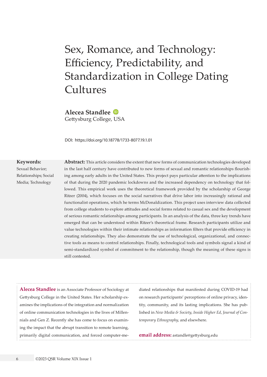 PDF) Sex, Romance, and Technology: Efficiency, Predictability, and  Standardization in College Dating Cultures