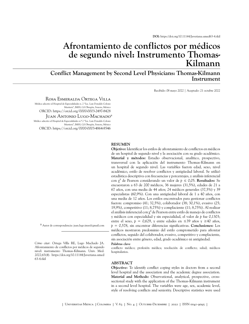 PDF) Afrontamiento de conflictos por médicos de segundo nivel:: Instrumento  Thomas-Kilmann