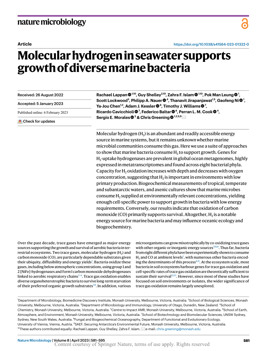 PDF) Molecular hydrogen in seawater supports growth of diverse