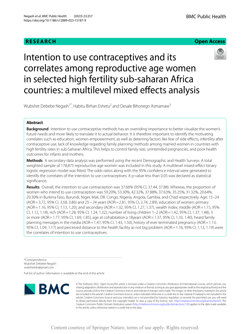 Pdf Intention To Use Contraceptives And Its Correlates Among Reproductive Age Women In 