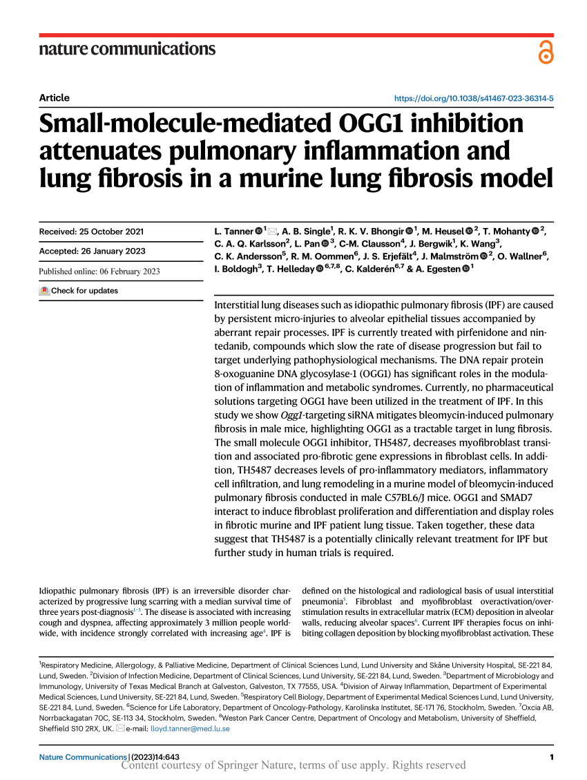 PDF) Small-molecule-mediated OGG1 inhibition attenuates pulmonary inflammation and lung fibrosis in a murine lung fibrosis model