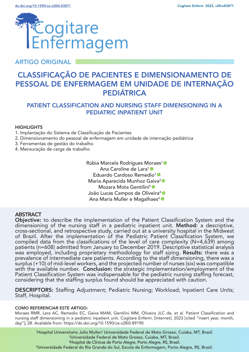 PDF CLASSIFICAÇÃO DE PACIENTES E DIMENSIONAMENTO DE PESSOAL DE ENFERMAGEM EM UNIDADE DE