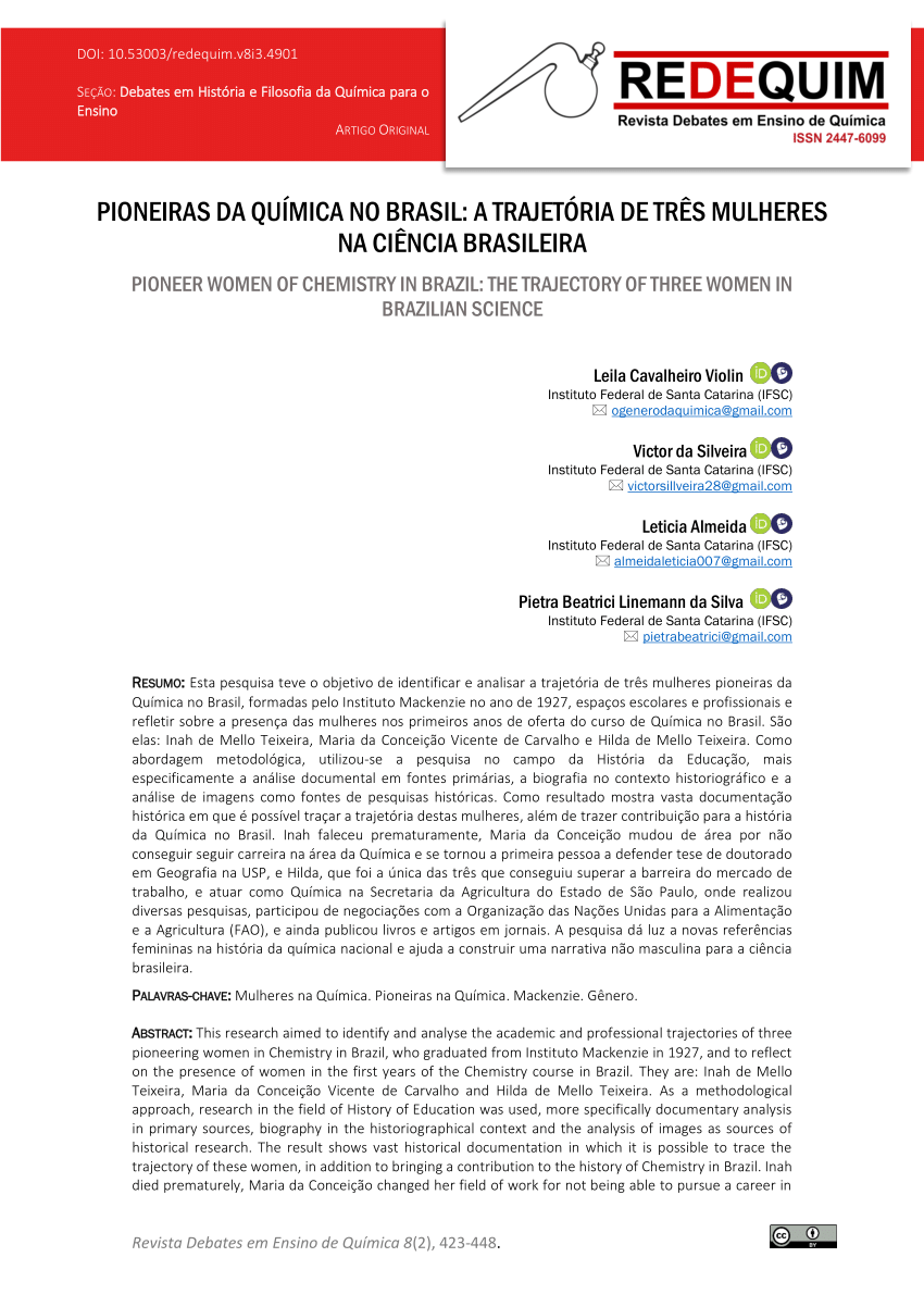 Pdf Pioneiras Da Química No Brasil A Trajetória De Três Mulheres Na Ciência Brasileira 7612