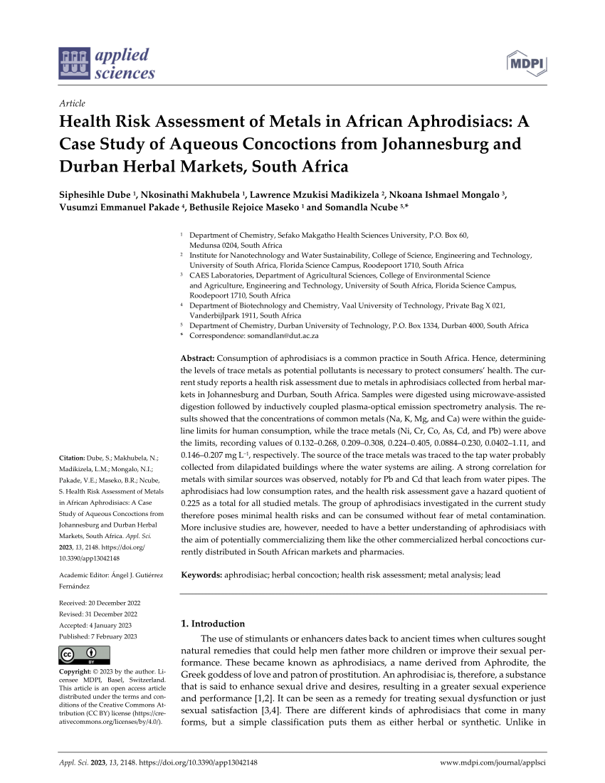 PDF) Health Risk Assessment of Metals in African Aphrodisiacs A Case Study of Aqueous Concoctions from Johannesburg and Durban Herbal Markets, South Africa pic