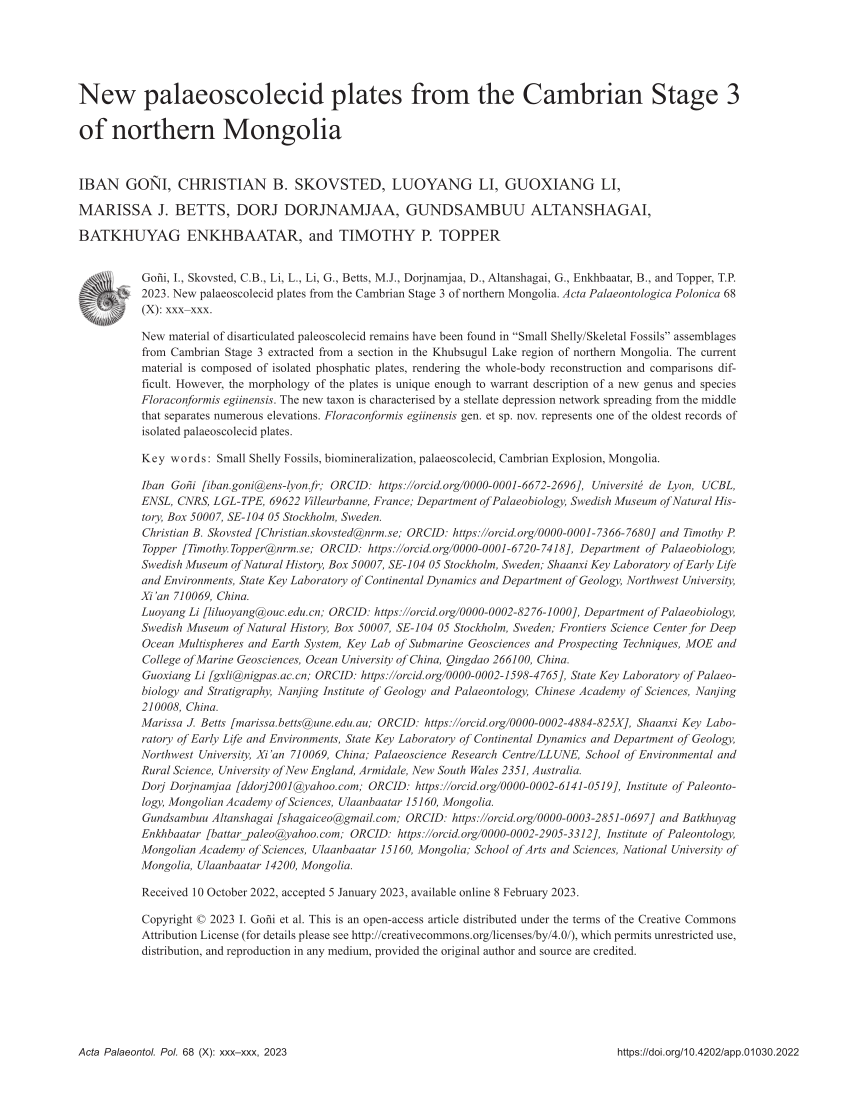 PDF New Palaeoscolecid plates from the Cambrian Stage 3 of  