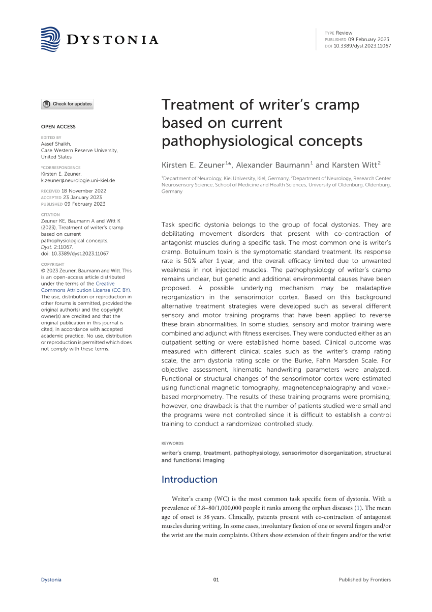 Pdf Treatment Of Writers Cramp Based On Current Pathophysiological Concepts 5231