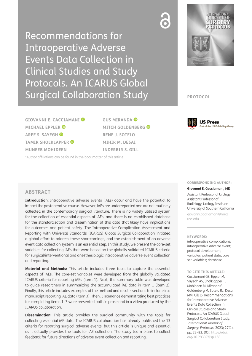 Recommendations for Intraoperative Adverse Events Data Collection in  Clinical Studies and Study Protocols. An ICARUS Global Surgical  Collaboration Study. - Abstract - Europe PMC