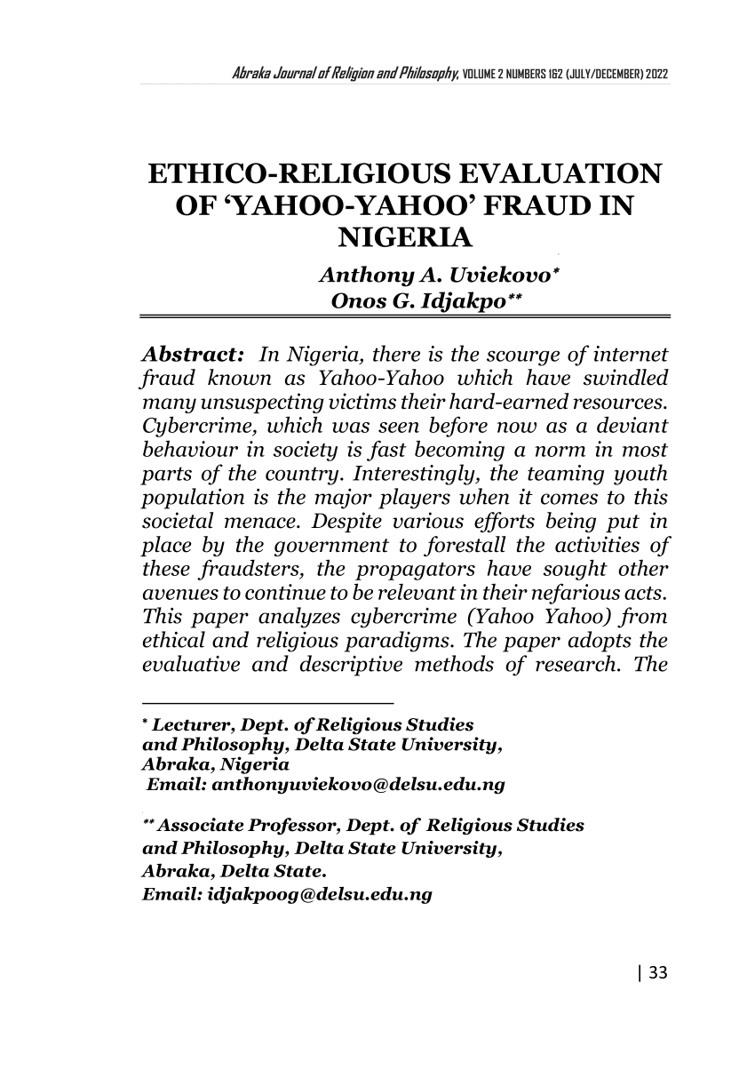 PDF) ETHICO-RELIGIOUS EVALUATION OF 'YAHOO-YAHOO' FRAUD IN NIGERIA
