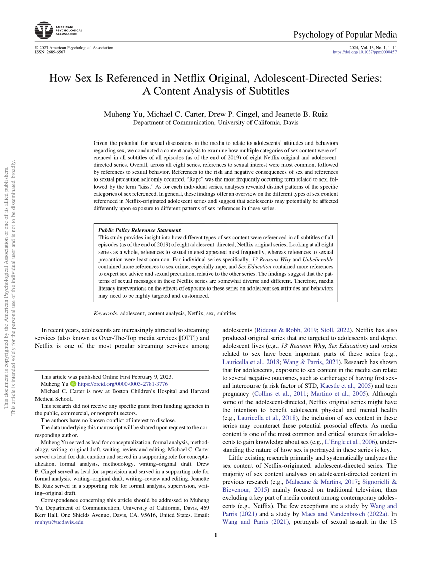 How Sex Is Referenced in Netflix Original, Adolescent-Directed Series: A  Content Analysis of Subtitles | Request PDF