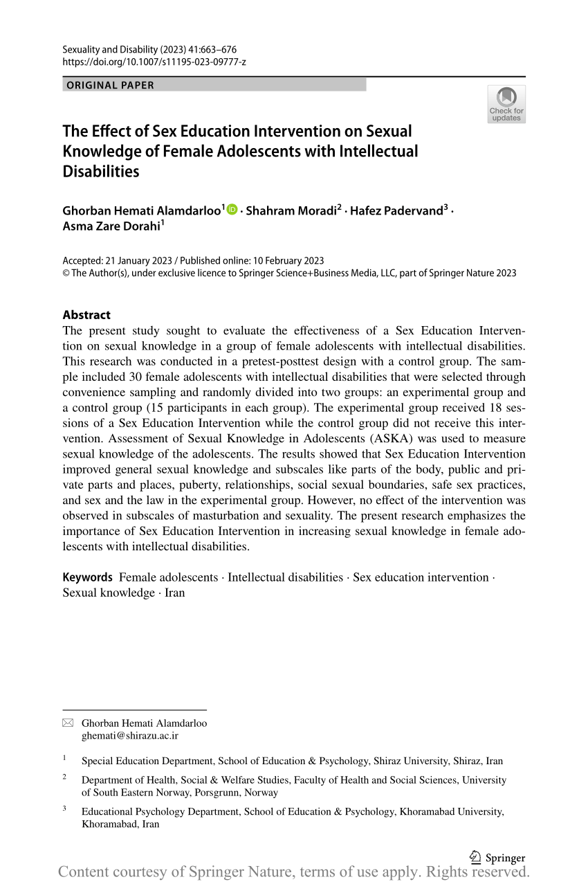 The Effect Of Sex Education Intervention On Sexual Knowledge Of Female Adolescents With 5610