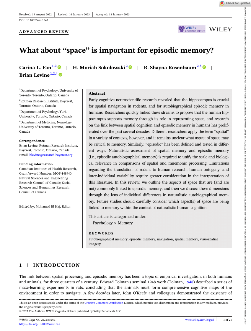 What about “space” is important for episodic memory? - Fan - 2023 - WIREs  Cognitive Science - Wiley Online Library