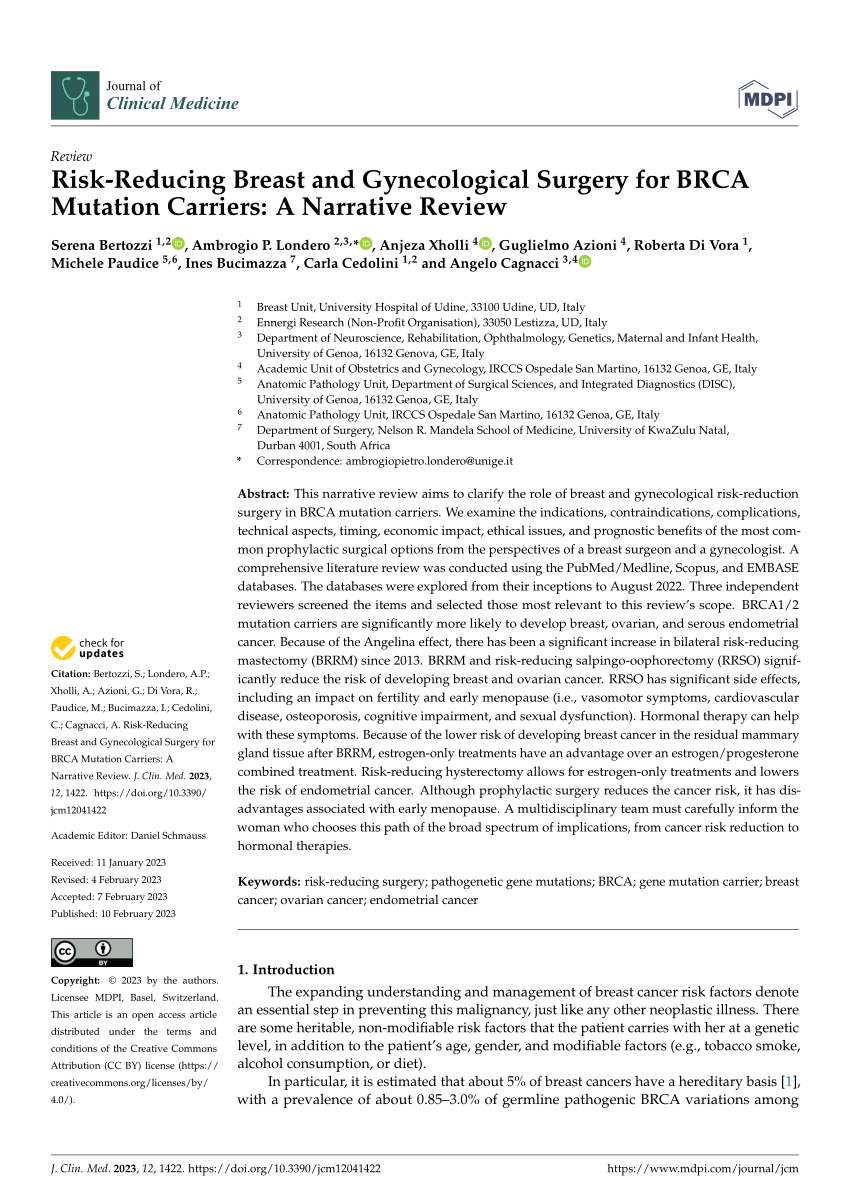 Pdf Risk Reducing Breast And Gynecological Surgery For Brca Mutation Carriers A Narrative Review 8185