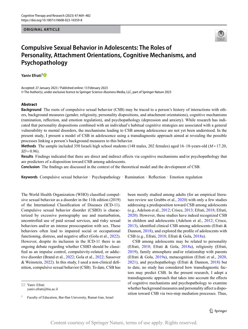 Compulsive Sexual Behavior In Adolescents The Roles Of Personality Attachment Orientations 0731