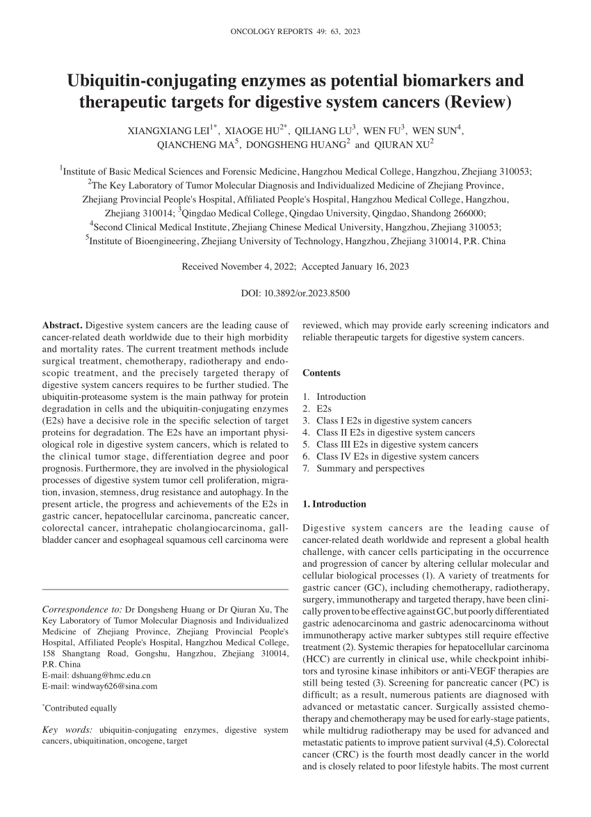 PDF) Ubiquitin‑conjugating enzymes as potential biomarkers and 