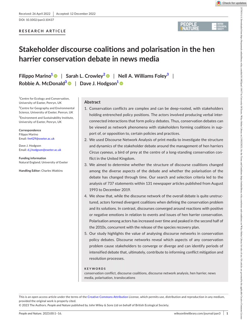 Pdf Stakeholder Discourse Coalitions And Polarisation In The Hen Harrier Conservation Debate 6835