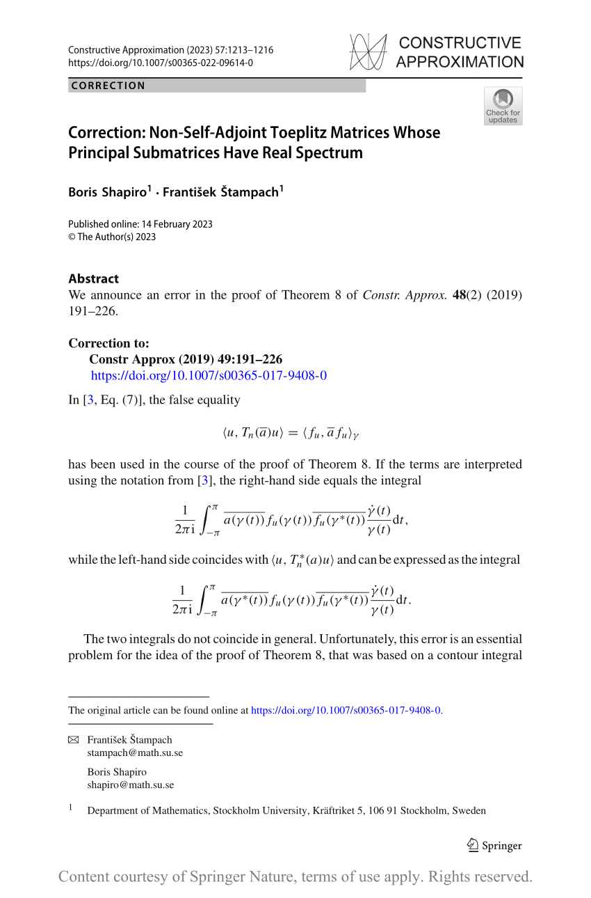 PDF) Correction: Non-Self-Adjoint Toeplitz Matrices Whose Principal  Submatrices Have Real Spectrum