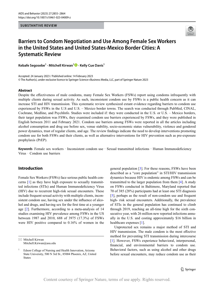 Barriers to Condom Negotiation and Use Among Female Sex Workers in the  United States and United States-Mexico Border Cities: A Systematic Review |  Request PDF