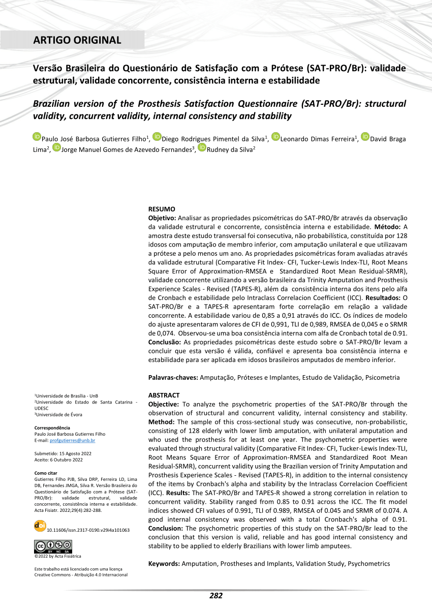 PDF) ARTIGO ORIGINAL 20 RESUMO Tradução e adaptação transcultural do  Questionnaire de Satisfaction de la Personne Amputée face à sa Prothèse  (SAT-PRO) para a língua portuguesa do Brasil Translation and cultural  adaptation