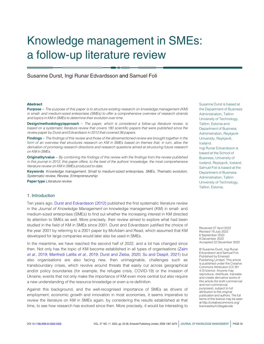 a literature review on knowledge management in smes