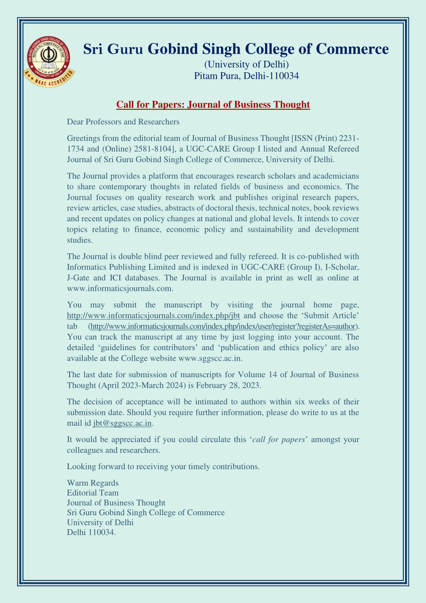 (PDF) Call for Papers Journal of Business Thought (UGC CARE GROUP I