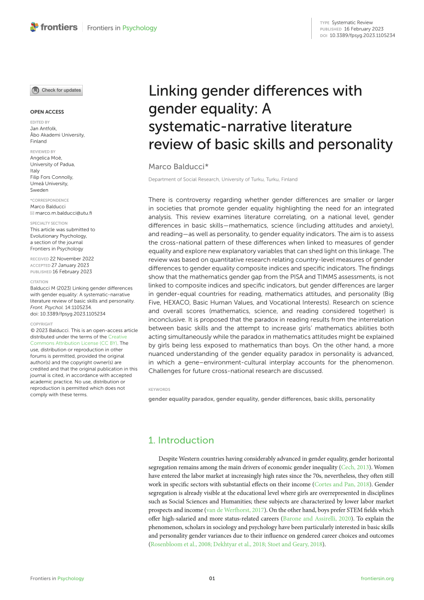 Pdf Linking Gender Differences With Gender Equality A Systematic Narrative Literature Review