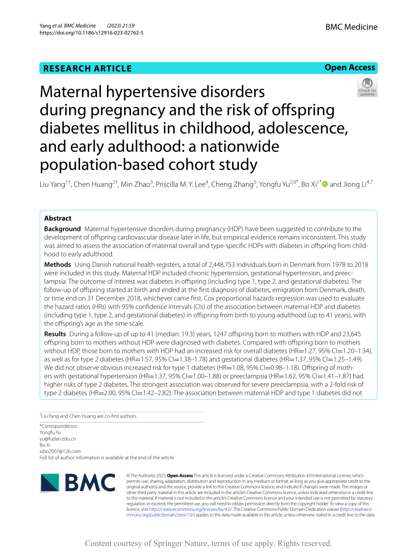 Pdf Maternal Hypertensive Disorders During Pregnancy And The Risk Of Offspring Diabetes 6090