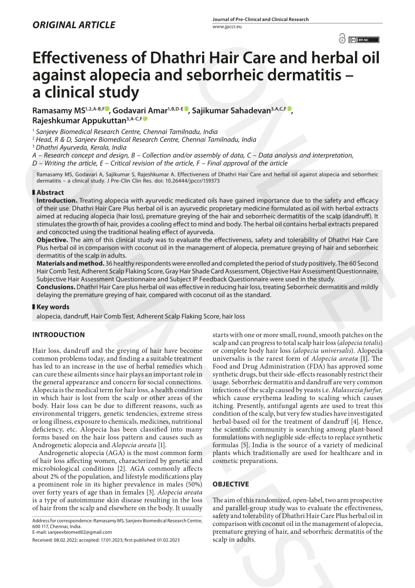 PDF) Effectiveness of Dhathri Hair Care and herbal oil against alopecia and  seborrheic dermatitis - a clinical study
