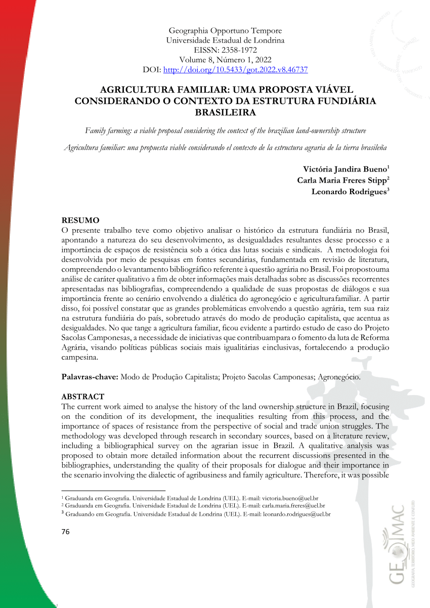 Pdf Agricultura Familiar Uma Proposta Viável Considerando O Contexto Da Estrutura Fundiária 8564