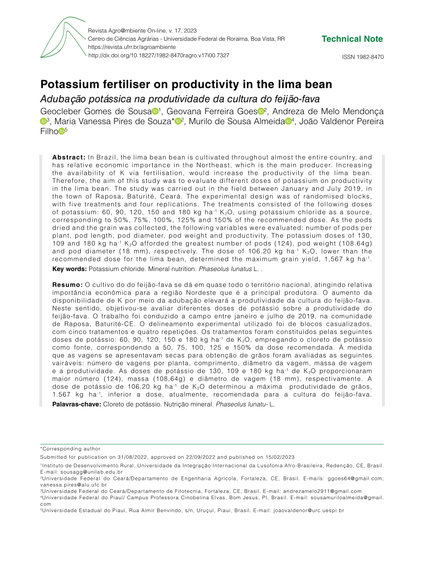 (PDF) Potassium fertiliser on productivity in the lima bean