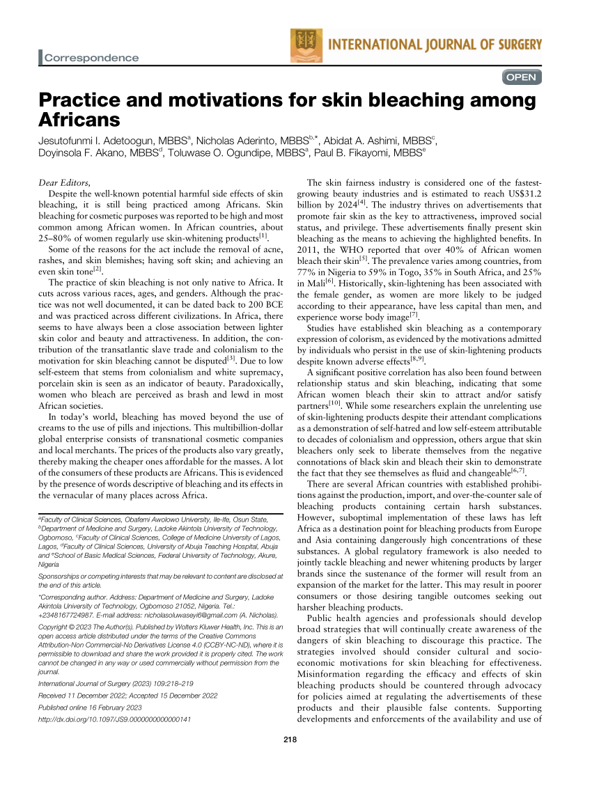 PDF Practice and motivations for skin bleaching among Africans